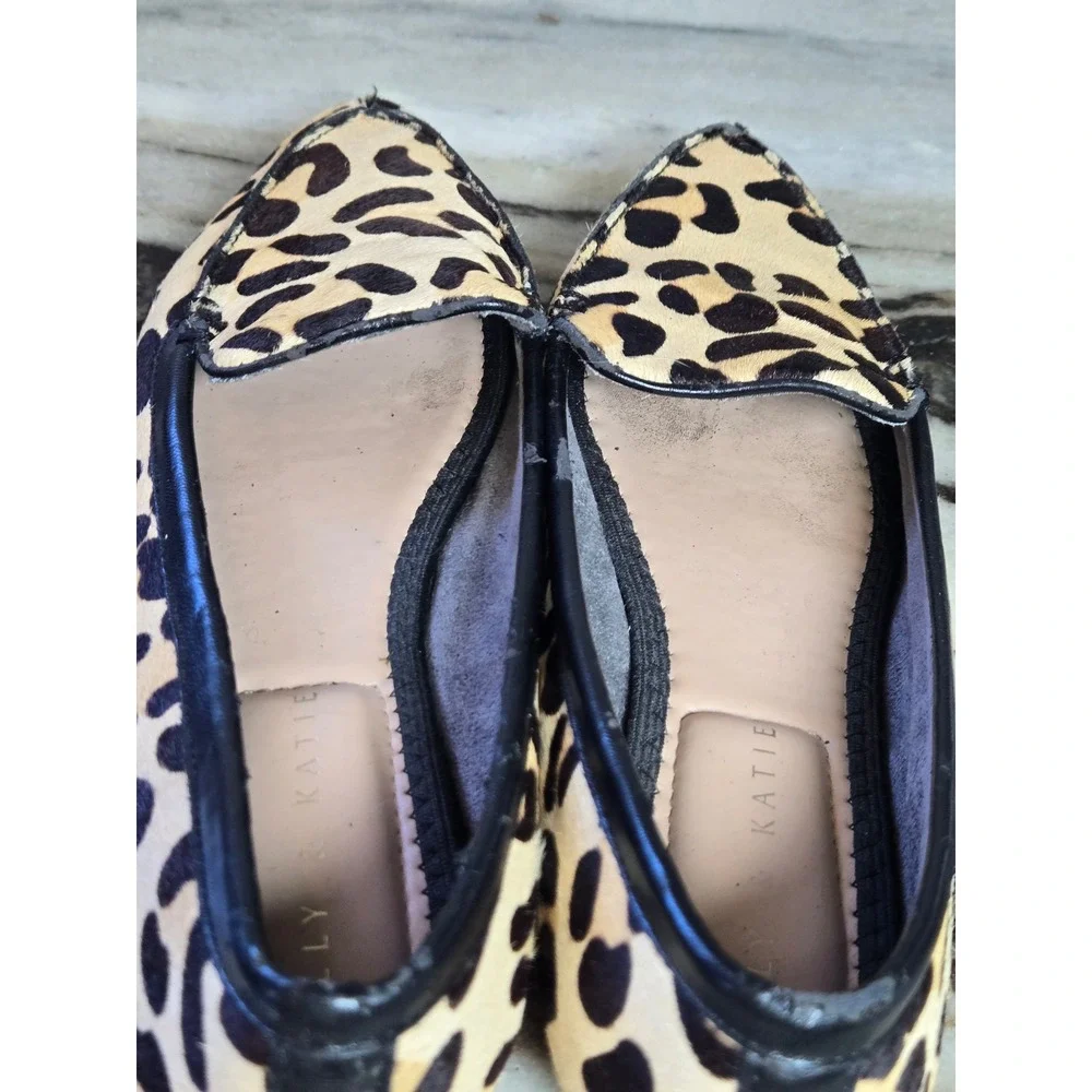 Kelly & Katie Womens Leopard Calf Hair Pointed Toe Loafers Flats Tan Black 6M‎